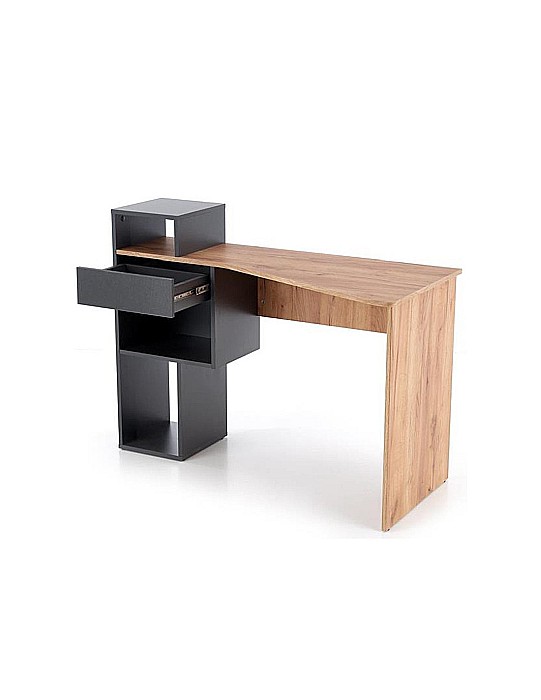 Set birou HM Conti, rafturi, sertar, PAL melaminat, 122x57x90 cm, stejar/gri si scaun pentru copii HM Coco, piele ecologica, inaltime reglabila, 80 kg, Alb [4]