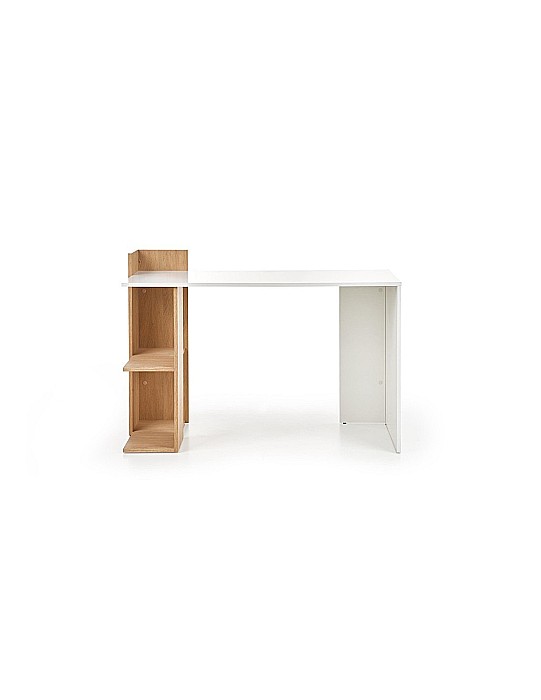 Set birou HM Fino, 2 rafturi, PAL melaminat, 122x57x85 cm, stejar auriu si scaun copii HM Gonzo 2, Ergonomic, tapitat cu piele ecologica, cu brate, 90 Kg, Alb [3]