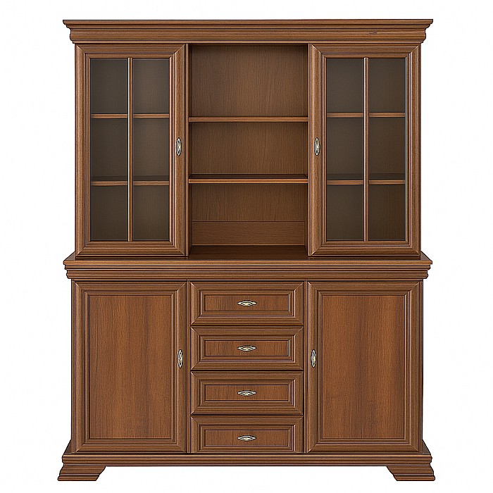 Set comoda living si dormitor, VM3, 4 sertare, 2 usi si vitrina suprapozabila VMN4, 2 usi, 2 polite, Pal melaminat, cu insertii MDF, Nuc [2]