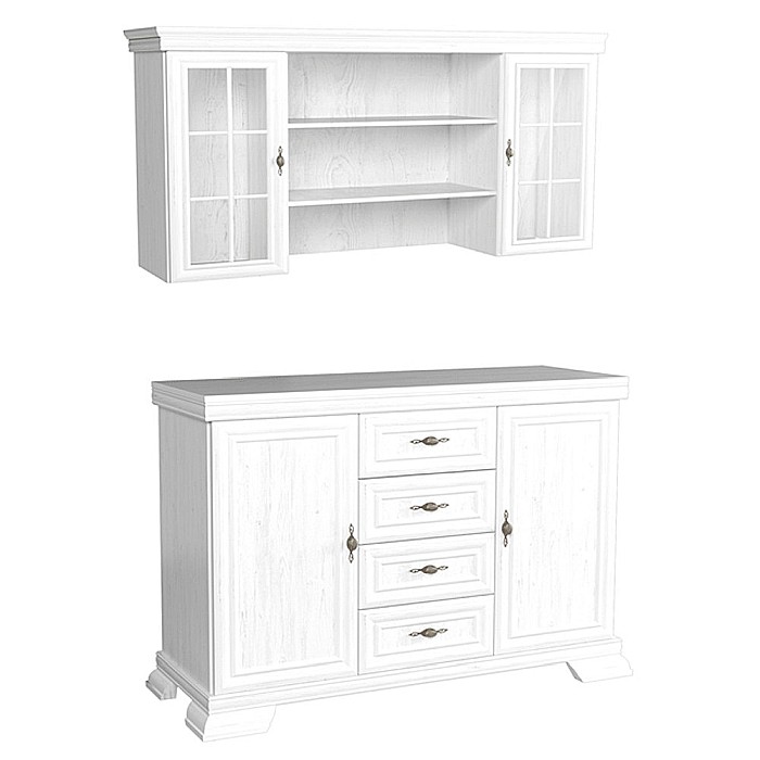 Set comoda living si dormitor, VM3, 4 sertare, 2 usi si vitrina suprapozabila VMN4, 2 usi, 2 polite, Pal melaminat, cu insertii MDF, Alb Antichizat [3]