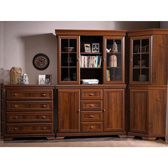 Set comoda living si dormitor, VM3, 4 sertare, 2 usi si vitrina suprapozabila VMN4, 2 usi, 2 polite, Pal melaminat, cu insertii MDF, Nuc [4]