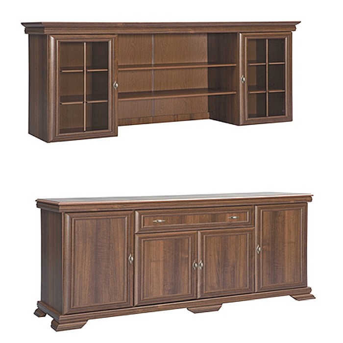 Set comoda living VM4, 4 usi, un sertar si vitrina suprapozabila VMN5, 2 usi, 2 polite, Pal melaminat, cu insertii MDF, Nuc [3]