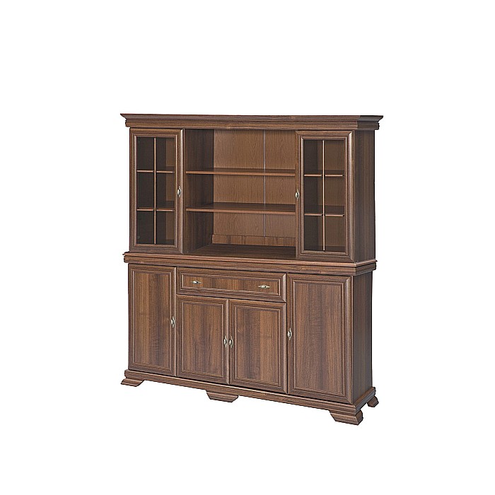 Set comoda living VM4, 4 usi, un sertar si vitrina suprapozabila VMN5, 2 usi, 2 polite, Pal melaminat, cu insertii MDF, Nuc [2]