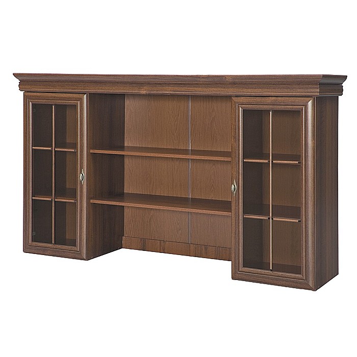 Set comoda living VM4, 4 usi, un sertar si vitrina suprapozabila VMN5, 2 usi, 2 polite, Pal melaminat, cu insertii MDF, Nuc [10]