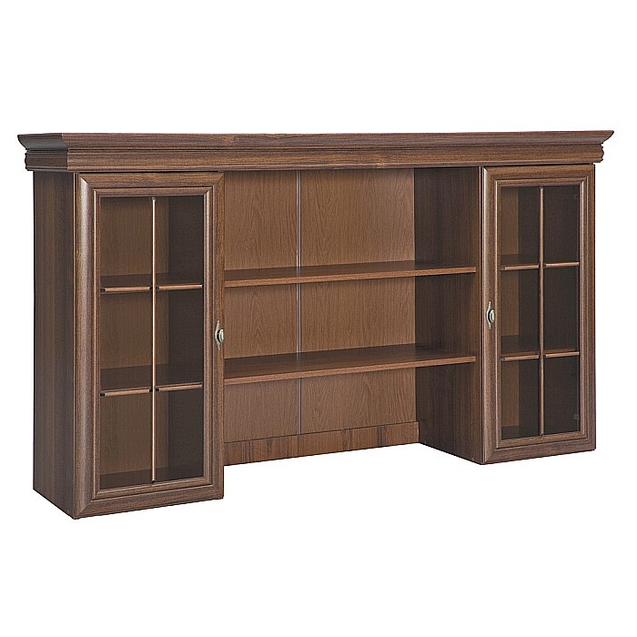 Set comoda living VM4, 4 usi, un sertar si vitrina suprapozabila VMN5, 2 usi, 2 polite, Pal melaminat, cu insertii MDF, Nuc [11]