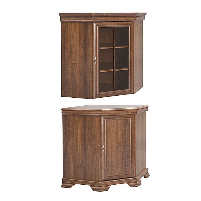 Set comoda pe colt pentru living VMN1, cu o usa, o polita si vitrina suprapozabila VMNN1, o usa, 2 polite, Pal Melaminat, cu elemente din MDF, Nuc [3]