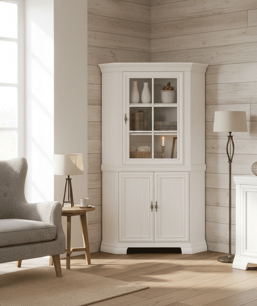 Set comoda pe colt pentru living VMN1, cu o usa, o polita si vitrina suprapozabila VMNN1, o usa, 2 polite, Pal Melaminat, cu elemente din MDF, Alb Antichizat [1]