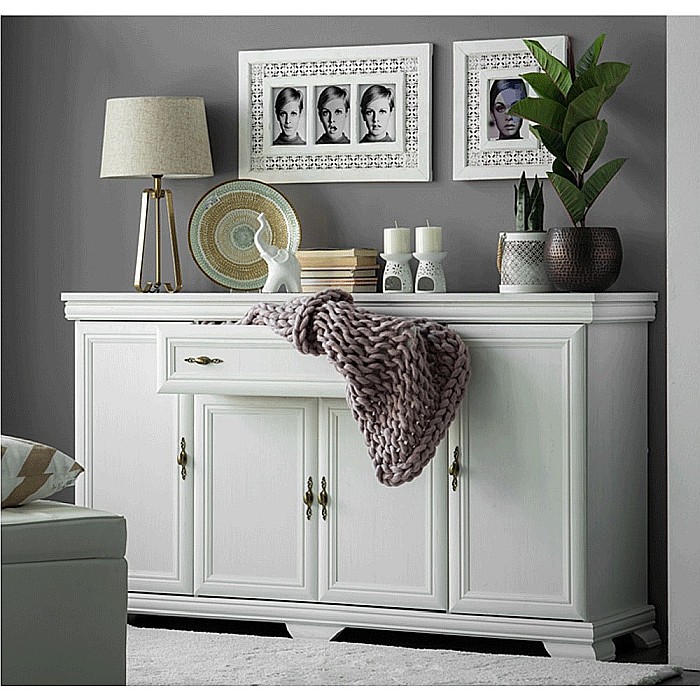 Set comoda pe colt pentru living VMN1, cu o usa, o polita si vitrina suprapozabila VMNN1, o usa, 2 polite, Pal Melaminat, cu elemente din MDF, Alb Antichizat [14]