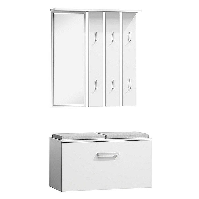 Set cuier si pantofar cu oglinda SL P001, Pal Melaminat, 6 agatatori, banca, spatiu depozitare, alb [1]