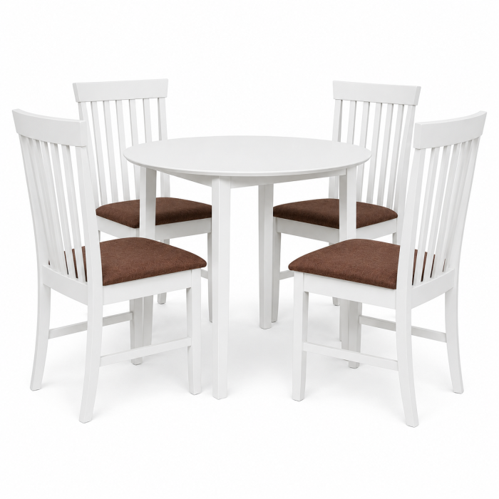 Set masa bucatarie Sophia, MDF, rotunda, 90x74 cm si 4 scaune Glendale, stofa,100 kg, 93x49x41.5 cm, alb/maro [2]