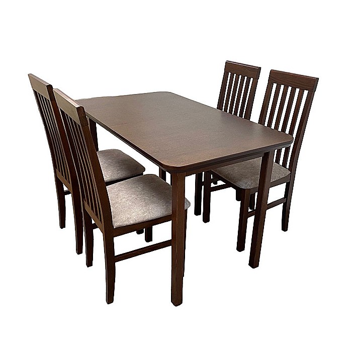 Set masa extensibila lemn masiv, living si bucatarie, DM4 Maxima, blat MDF Furniruit, colturi rotunjite, 120-150x70x76 cm si 4 scaune DM1 Tilo, lemn, stofa, 120 kg, nuc [2]