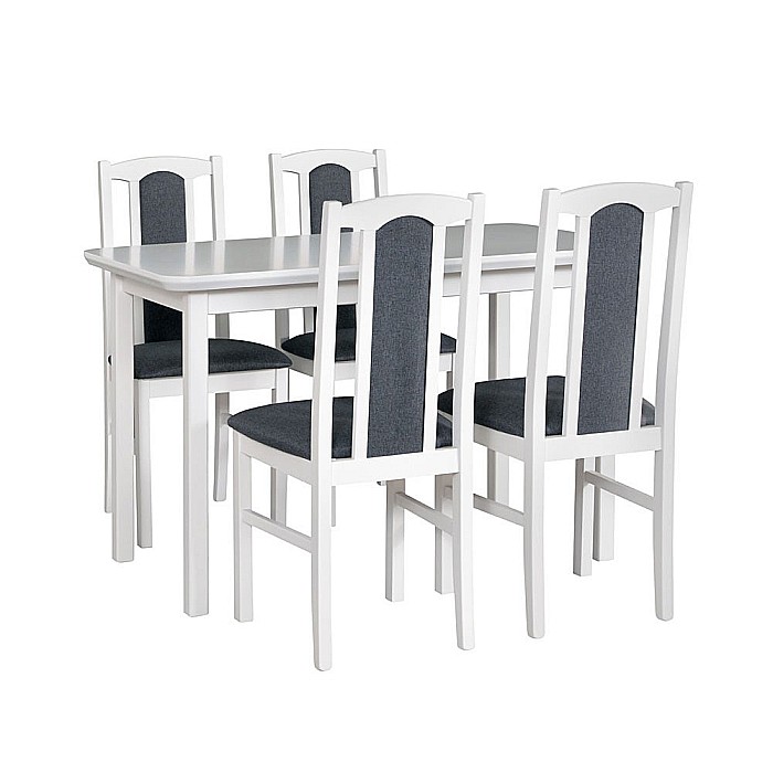 Set masa extensibila lemn masiv, living si bucatarie, DM4 Maxima, blat MDF Furniruit, colturi rotunjite, 120-150x70x76 cm si 4 scaune DM14 Boston, lemn, stofa, 120 kg, alb/gri [1]