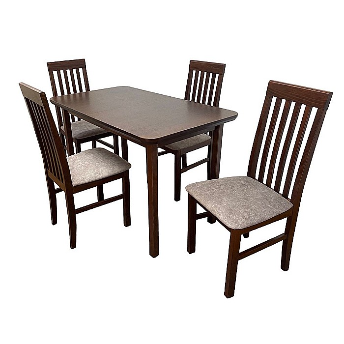 Set masa extensibila lemn masiv, living si bucatarie, DM4 Maxima, blat MDF Furniruit, colturi rotunjite, 120-150x70x76 cm si 4 scaune DM1 Tilo, lemn, stofa, 120 kg, nuc [1]
