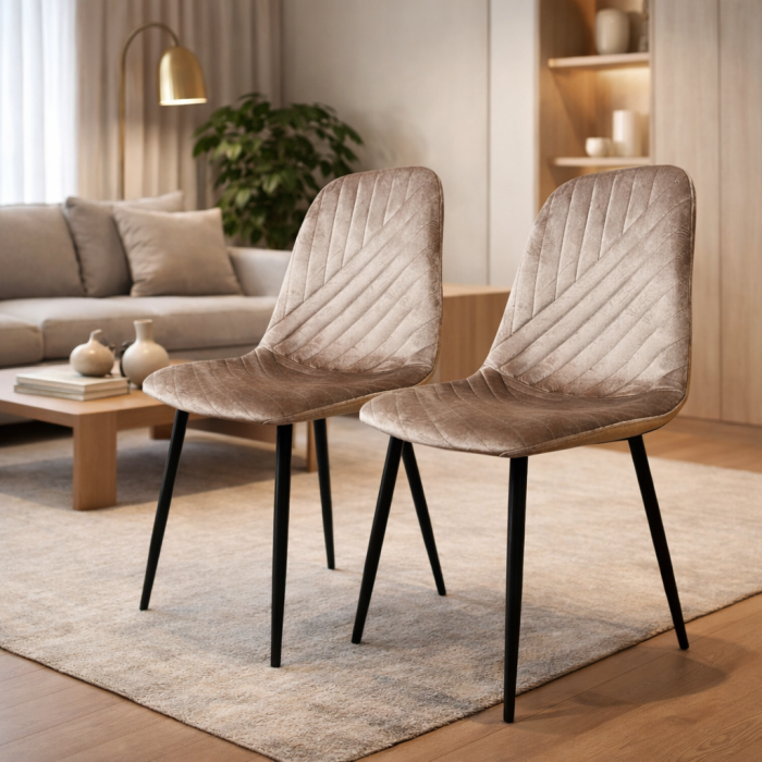 Set masa living Elegant FDT4, blat caramica, structura metalica, 140x80x75 cm, alb/maro si 6 scaune Doina FDC2, tapiterie catifea, 90 kg, bej [3]