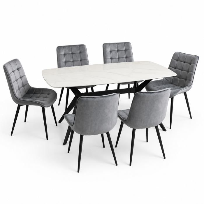 Set masa living Elegant FDT4, blat ceramica, structura metalica, 140x80x75 cm, alb/gri si 6 scaune Gloria FDC20, tapiterie catifea, 90 kg, gri [2]