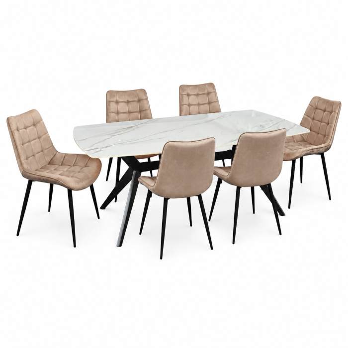 Set masa living Elegant FDT4, blat ceramica, structura metalica, 140x80x75 cm, alb/maro si 6 scaune Gloria FDC20, tapiterie catifea, 90 kg, bej [2]