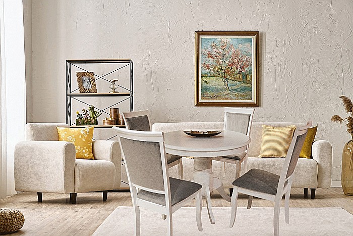 Set masa living extensibila AB Olivia, MDF Furniruit, structura lemn masiv, 6 persoane si 4 scaune AB Albert, tapiterie stofa, lacuit, 120 kg, alb/gri [3]