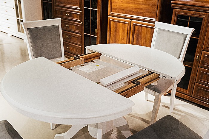 Set masa living extensibila AB Olivia, MDF Furniruit, structura lemn masiv, 6 persoane si 4 scaune AB Albert, tapiterie stofa, lacuit, 120 kg, alb/gri [10]