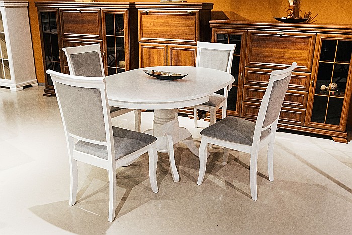 Set masa living extensibila AB Olivia, MDF Furniruit, structura lemn masiv, 6 persoane si 4 scaune AB Albert, tapiterie stofa, lacuit, 120 kg, alb/gri [12]