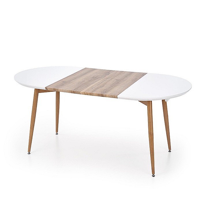 Set masa living extensibila HM Edward, blat MDF, structura metalica, ovala, 120-200x100x75 cm alb/stejar si 4 scaune HM K214, piele ecologica, 100 kg, bej [7]