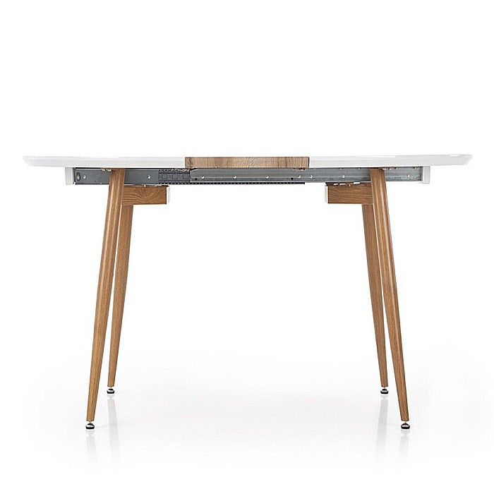 Set masa living extensibila HM Edward, blat MDF, structura metalica, ovala, 120-200x100x75 cm alb/stejar si 4 scaune HM K214, piele ecologica, 100 kg, bej [10]