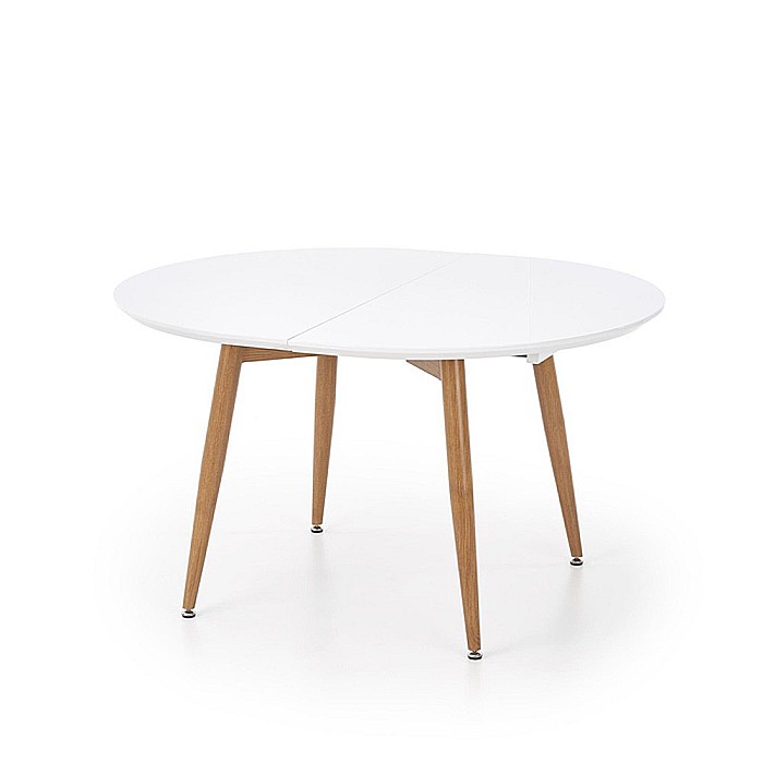 Set masa living extensibila HM Edward, blat MDF, structura metalica, ovala, 120-200x100x75 cm alb/stejar si 4 scaune HM K214, piele ecologica, 100 kg, bej [5]