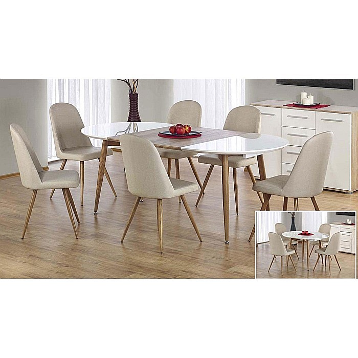 Set masa living extensibila HM Edward, blat MDF, structura metalica, ovala, 120-200x100x75 cm alb/stejar si 4 scaune HM K214, piele ecologica, 100 kg, bej [3]