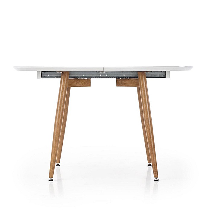 Set masa living extensibila HM Edward, blat MDF, structura metalica, ovala, 120-200x100x75 cm alb/stejar si 4 scaune HM K214, piele ecologica, 100 kg, bej [12]