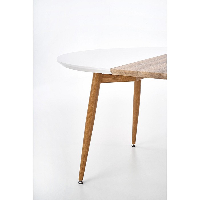 Set masa living extensibila HM Edward, blat MDF, structura metalica, ovala, 120-200x100x75 cm alb/stejar si 4 scaune HM K214, piele ecologica, 100 kg, bej [9]