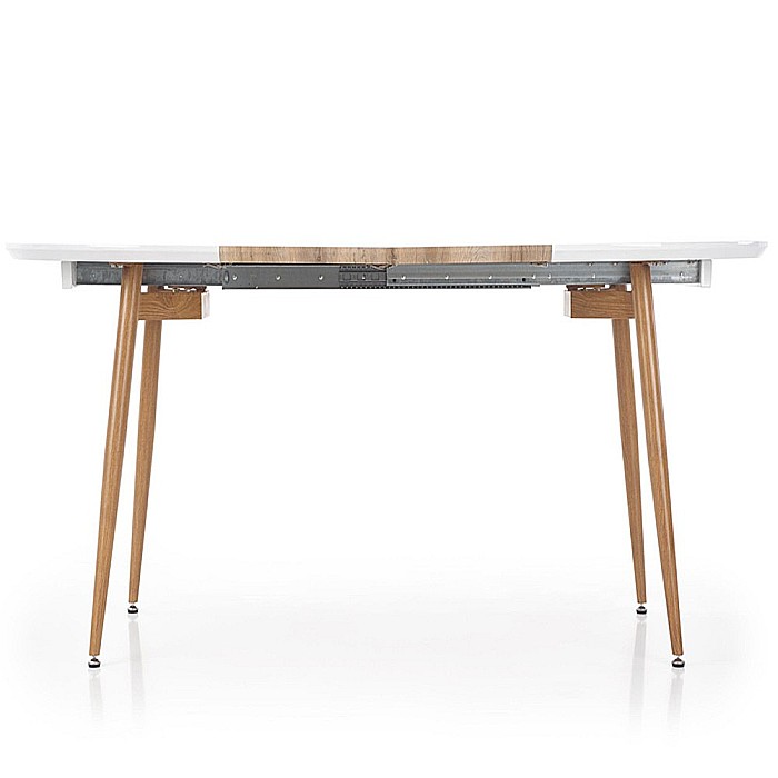 Set masa living extensibila HM Edward, blat MDF, structura metalica, ovala, 120-200x100x75 cm alb/stejar si 4 scaune HM K214, piele ecologica, 100 kg, bej [11]