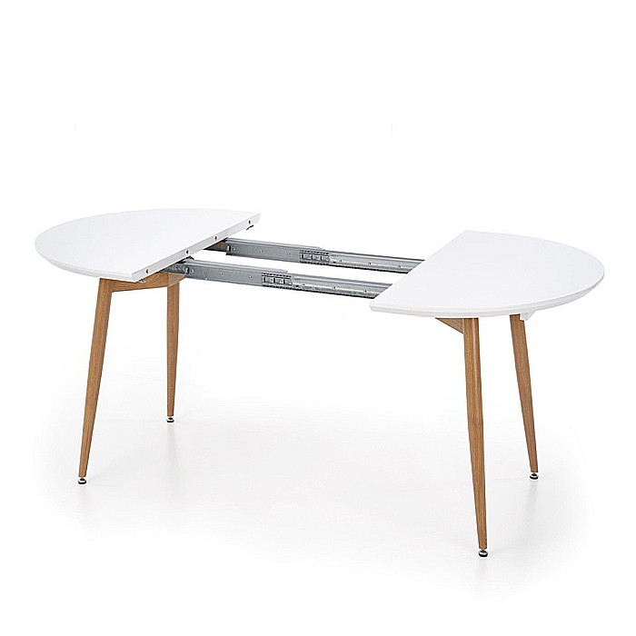 Set masa living extensibila HM Edward, blat MDF, structura metalica, ovala, 120-200x100x75 cm alb/stejar si 4 scaune HM K214, piele ecologica, 100 kg, bej [13]