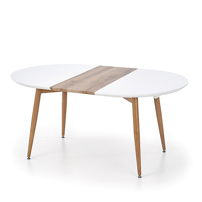 Set masa living extensibila HM Edward, blat MDF, structura metalica, ovala, 120-200x100x75 cm alb/stejar si 4 scaune HM K214, piele ecologica, 100 kg, bej [6]