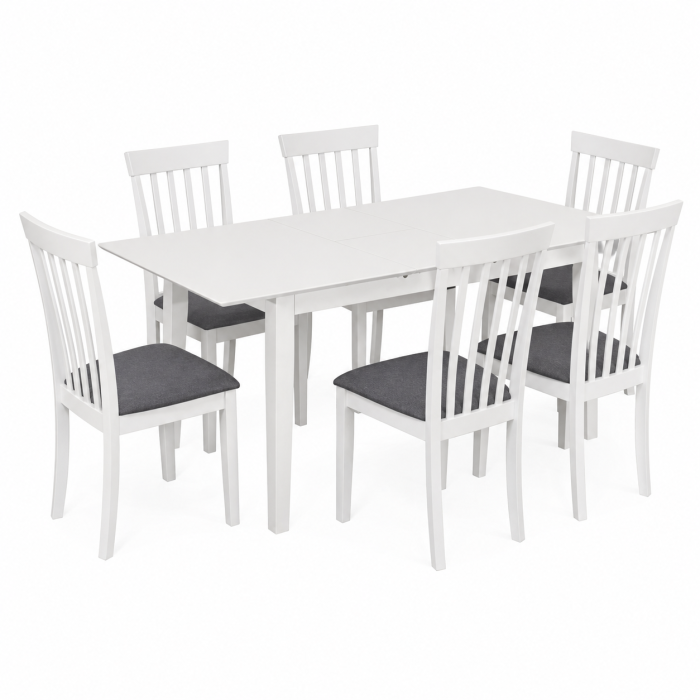 Set masa living extensibila Miami, MDF, lemn masiv, 120/150 x 80 x 73.8 cm si 6 scaune Houston, stofa,100 kg, 94x49x40 cm, alb/gri [3]