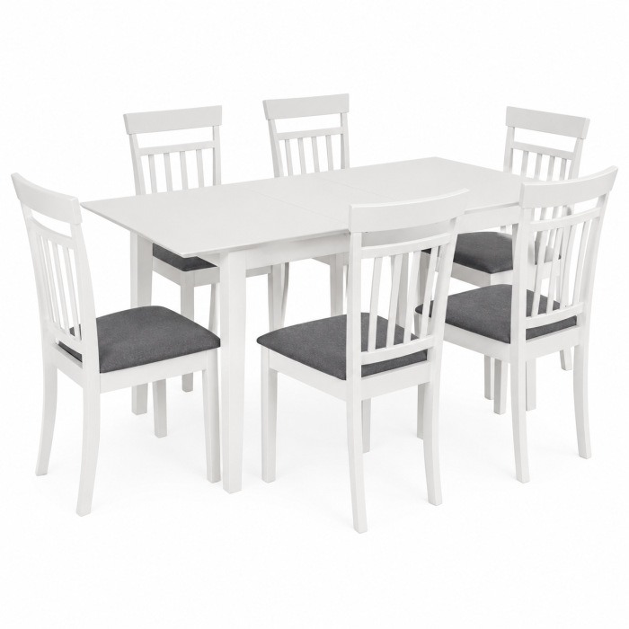 Set masa living extensibila Miami, MDF, lemn masiv, 120/150 x 80 x 73.8 cm si 6 scaune, lemn masiv Hudson, tapiterie stofa,100 kg, 94x50x42 cm, alb/gri [6]