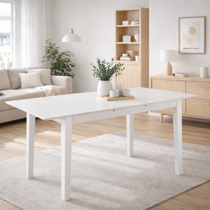Set masa living extensibila Miami, MDF, lemn masiv, 120/150 x 80 x 73.8 cm si 6 scaune, lemn masiv Hudson, tapiterie stofa,100 kg, 94x50x42 cm, alb/gri [2]