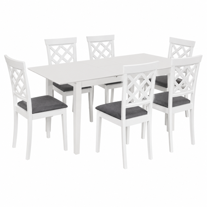 Set masa living extensibila Miami, MDF, lemn masiv, 120/150 x 80 x 73.8 cm si 6 scaune Vienna, tapitat stofa, 94x49x40 cm, alb/gri [2]