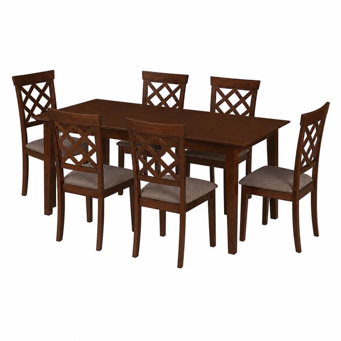 Set masa living extensibila Miami, MDF, lemn masiv, 120/150 x 80 x 73.8 cm si 6 scaune Vienna, tapitat stofa, 94x49x40 cm, nuc/maro [2]