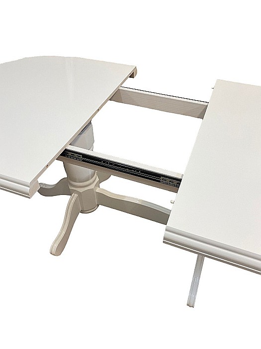 Set masa living extensibila SB Nork, MDF Furniruit, structura lemn masiv, 8 persoane, 198-160x90x74 cm si 6 scaune, tapiterie stofa, lacuit, 120 kg, alb/maro [14]