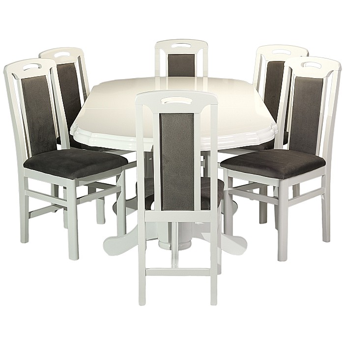 Set masa living extensibila SB Nork, MDF Furniruit, structura lemn masiv, 8 persoane, 198-160x90x74 cm si 6 scaune, tapiterie stofa, lacuit, 120 kg, alb/gri [2]