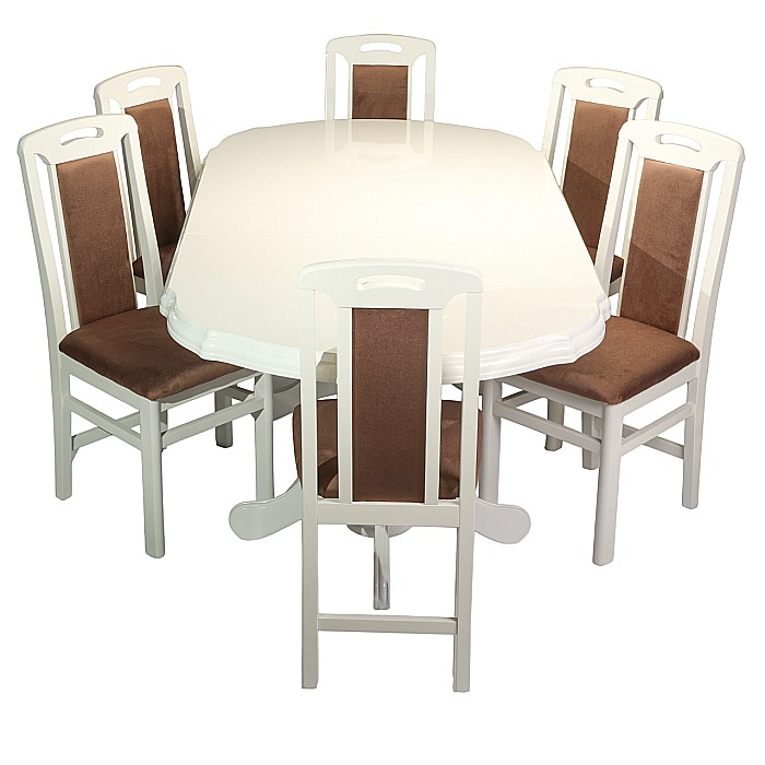 Set masa living extensibila SB Nork, MDF Furniruit, structura lemn masiv, 8 persoane, 198-160x90x74 cm si 6 scaune, tapiterie stofa, lacuit, 120 kg, alb/maro [2]