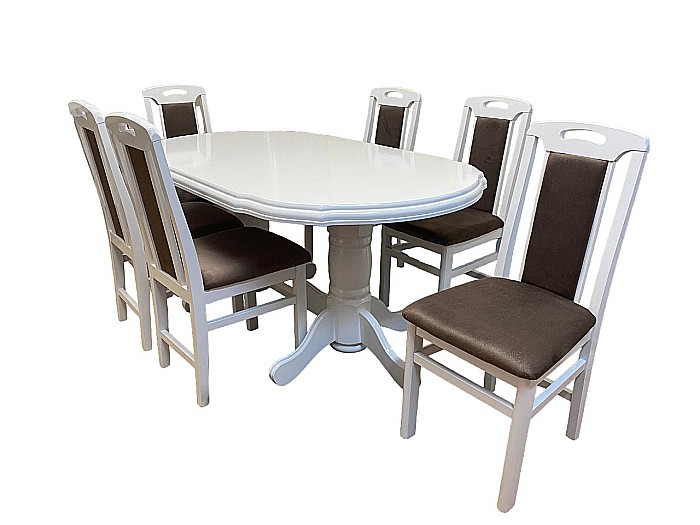 Set masa living extensibila SB Nork, MDF Furniruit, structura lemn masiv, 8 persoane, 198-160x90x74 cm si 6 scaune, tapiterie stofa, lacuit, 120 kg, alb/maro [3]