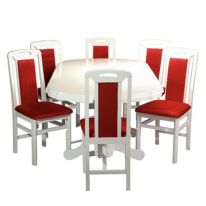 Set masa living extensibila SB Nork, MDF Furniruit, structura lemn masiv, 8 persoane, 198-160x90x74 cm si 6 scaune, tapiterie stofa, lacuit, 120 kg, alb/rosu [2]