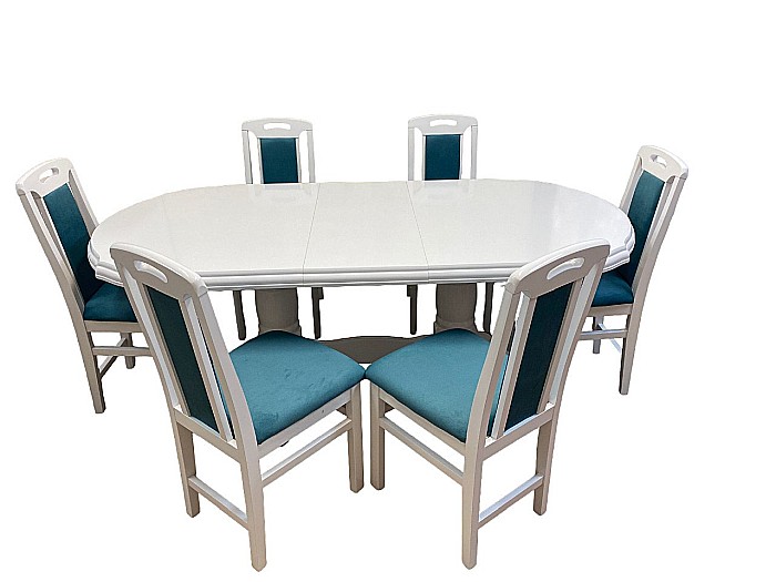 Set masa living extensibila SB Nork, MDF Furniruit, structura lemn masiv, 8 persoane, 198-160x90x74 cm si 6 scaune, tapiterie stofa, lacuit, 120 kg, alb/turcoaz [4]
