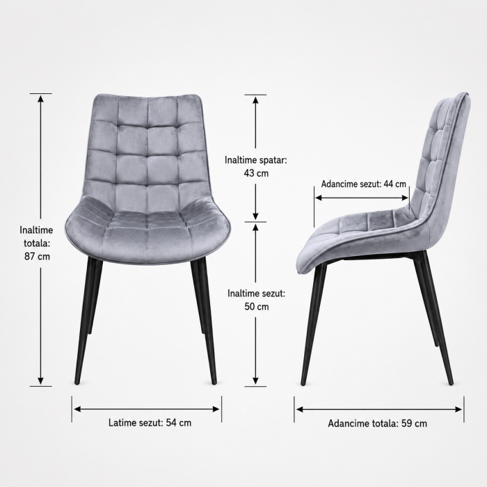 Set masa living Lineo FDT1, blat ceramica, structura metalica, 140x80x75 cm, alb/gri si 6 scaune Gloria FDC20, tapiterie catifea, 90 kg, gri [6]