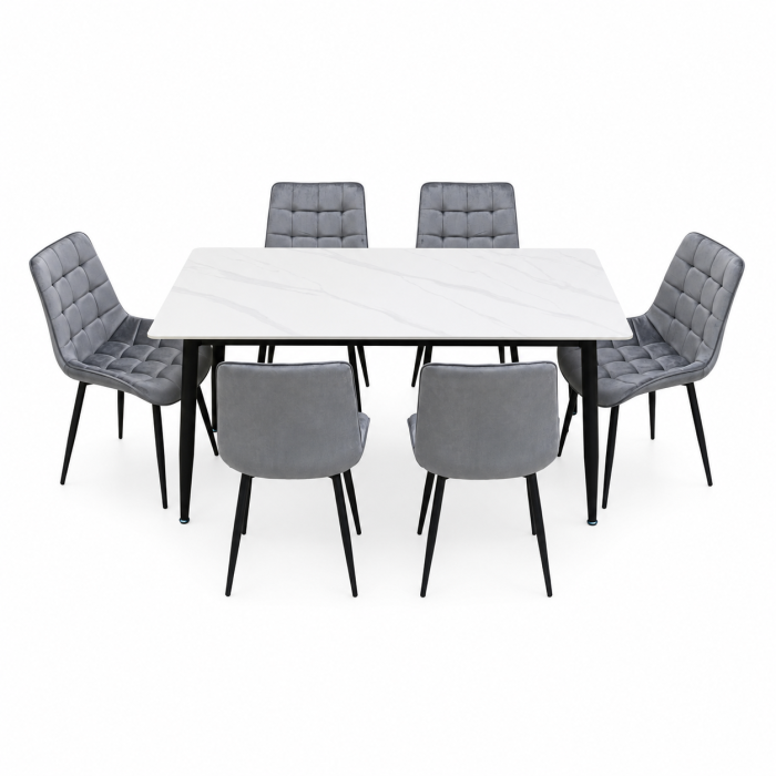 Set masa living Lineo FDT1, blat ceramica, structura metalica, 140x80x75 cm, alb/gri si 6 scaune Gloria FDC20, tapiterie catifea, 90 kg, gri [2]