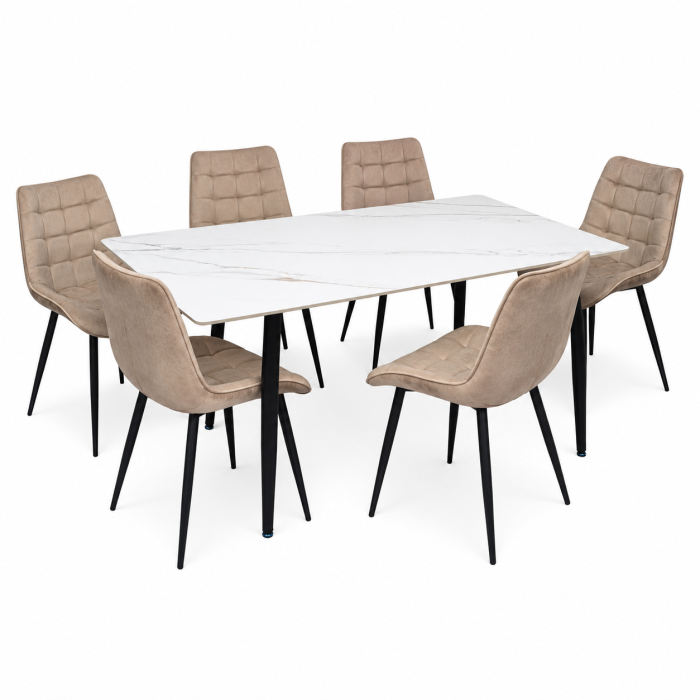 Set masa living Lineo FDT1, blat ceramica, structura metalica, 140x80x75 cm, alb/maro si 6 scaune Gloria FDC20, tapiterie catifea, 90 kg, bej [2]
