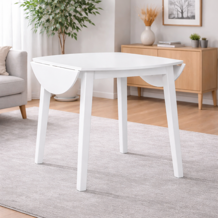 Set masa living plianta Philadelphia, MDF, lemn masiv, rotunda, 55/90 x 90 x 74,8 cm si 4 scaune Rebecca, tapiterie stofa,100 kg, 94x49x43.5 cm, alb/gri [3]