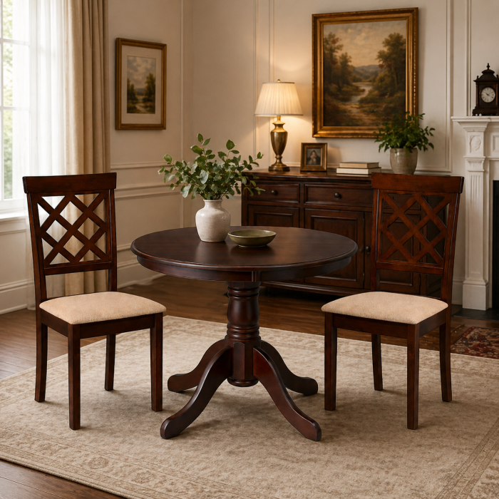 Set masa living rotunda Montreal, lemn masiv, MDF furniruit, 90x73.8 cm si 4 scaune Vienna, tapiterie stofa, 94x49x40 cm, nuc [2]