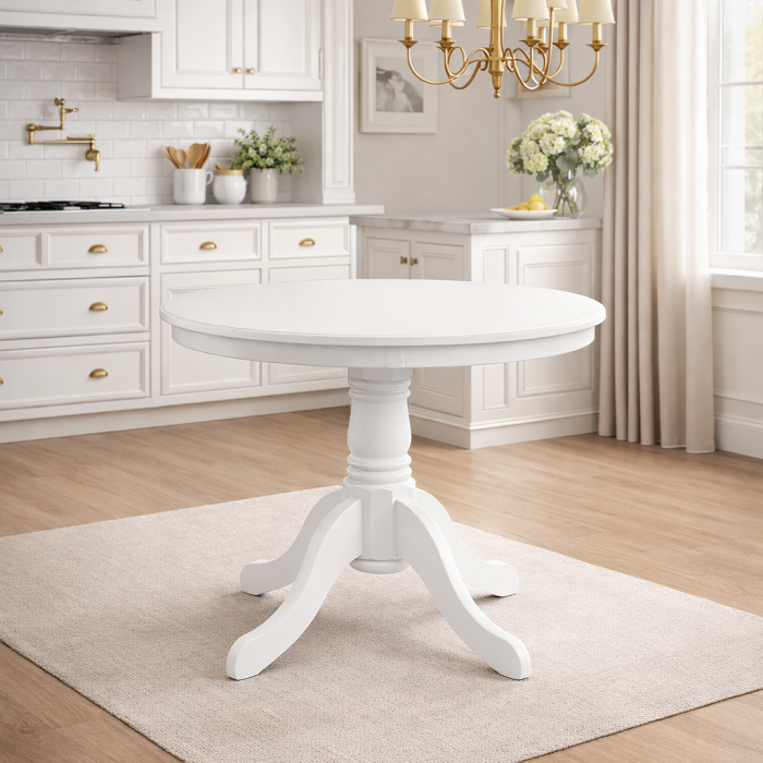 Set masa living rotunda Montreal, lemn masiv, MDF, 90x73.8 cm si 4 scaune lemn masiv Glendale, stofa,100 kg, 93x49x41.5 cm, alb/maro [2]