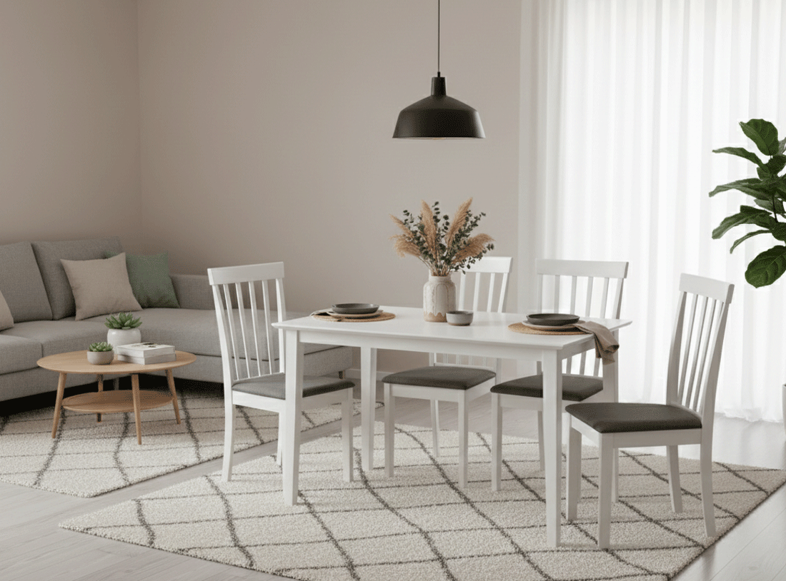 Set masa living si bucatarie Bali, MDF, 112x72x74 cm si 4 scaune Houston, lemn masiv, tapiterie stofa, 100 kg, alb [5]